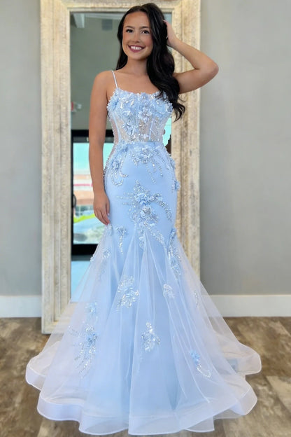 Chic Mermaid Spaghetti Straps Light Blue Mermaid Prom Dress with Tulle Train SH7779