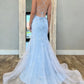 Chic Mermaid Spaghetti Straps Light Blue Mermaid Prom Dress with Tulle Train SH7779