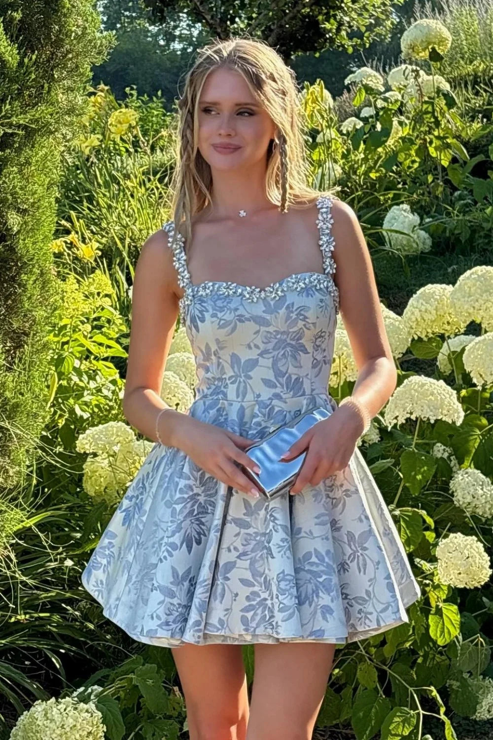 Light Blue Floral Homecoming Dress with Beaded Straps Fit and Flare Mini Dress SH7873