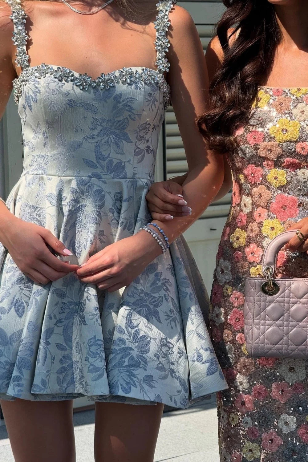 Light Blue Floral Homecoming Dress with Beaded Straps Fit and Flare Mini Dress SH7873
