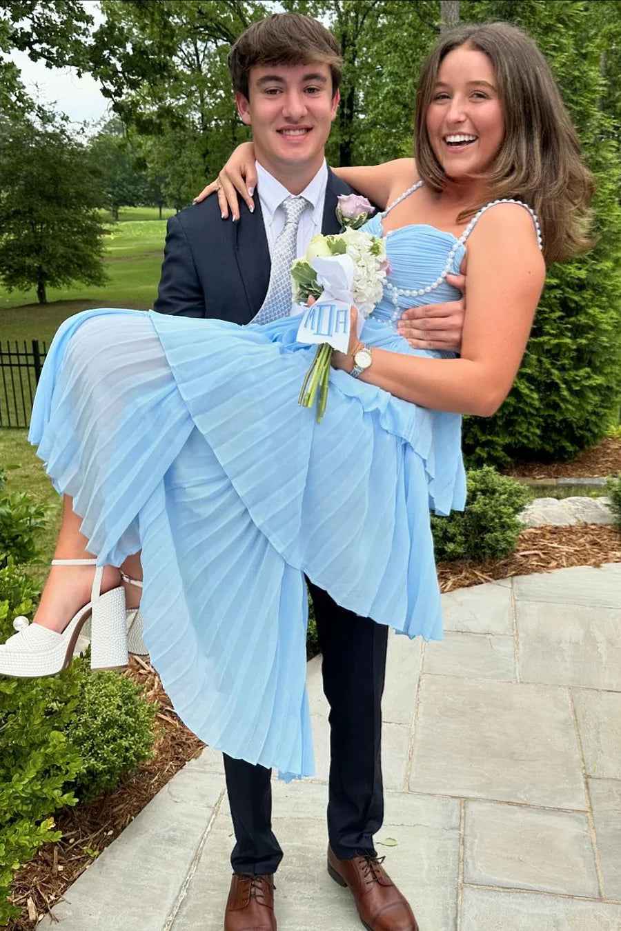 Baby Blue A Line Pearl Straps Layered Chiffon Prom Dress Evening Dress SH6208