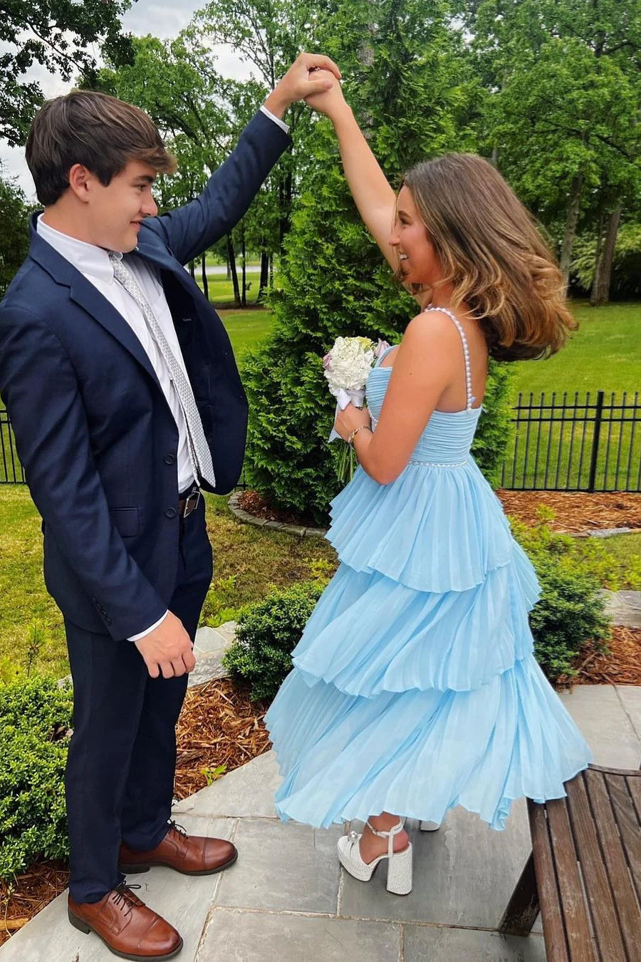 Baby Blue A Line Pearl Straps Layered Chiffon Prom Dress Evening Dress SH6208