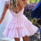 Light Pink Spaghetti Straps Tiered Tulle Homecoming Dress Mini Party Gown SH1679