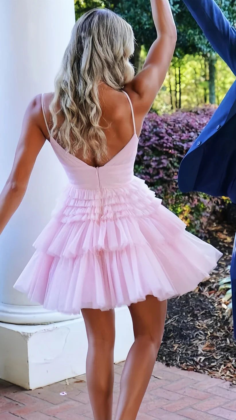 Light Pink Spaghetti Straps Tiered Tulle Homecoming Dress Mini Party Gown SH1679