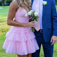 Light Pink Spaghetti Straps Tiered Tulle Homecoming Dress Mini Party Gown SH1679