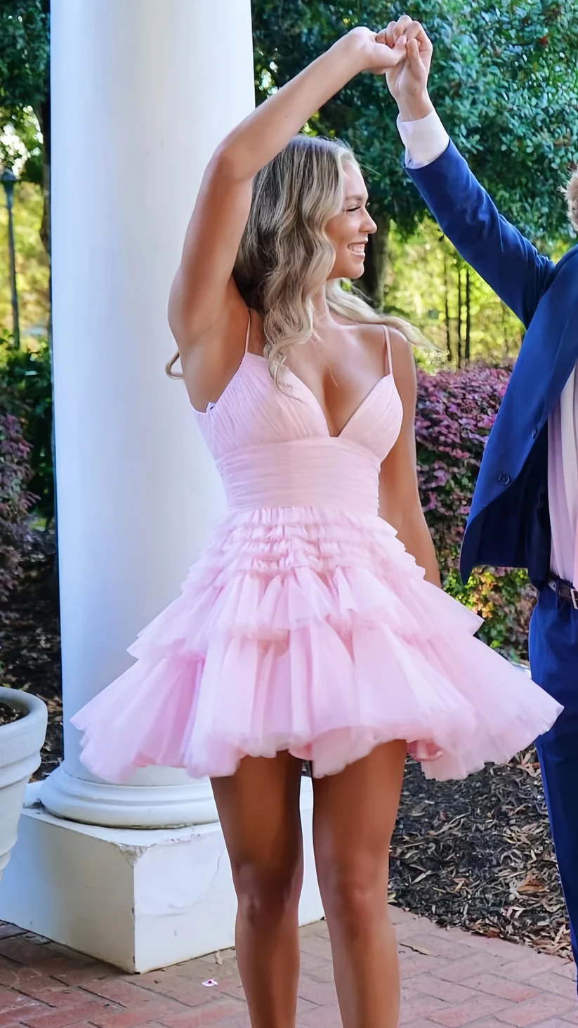 Light Pink Spaghetti Straps Tiered Tulle Homecoming Dress Mini Party Gown SH1679