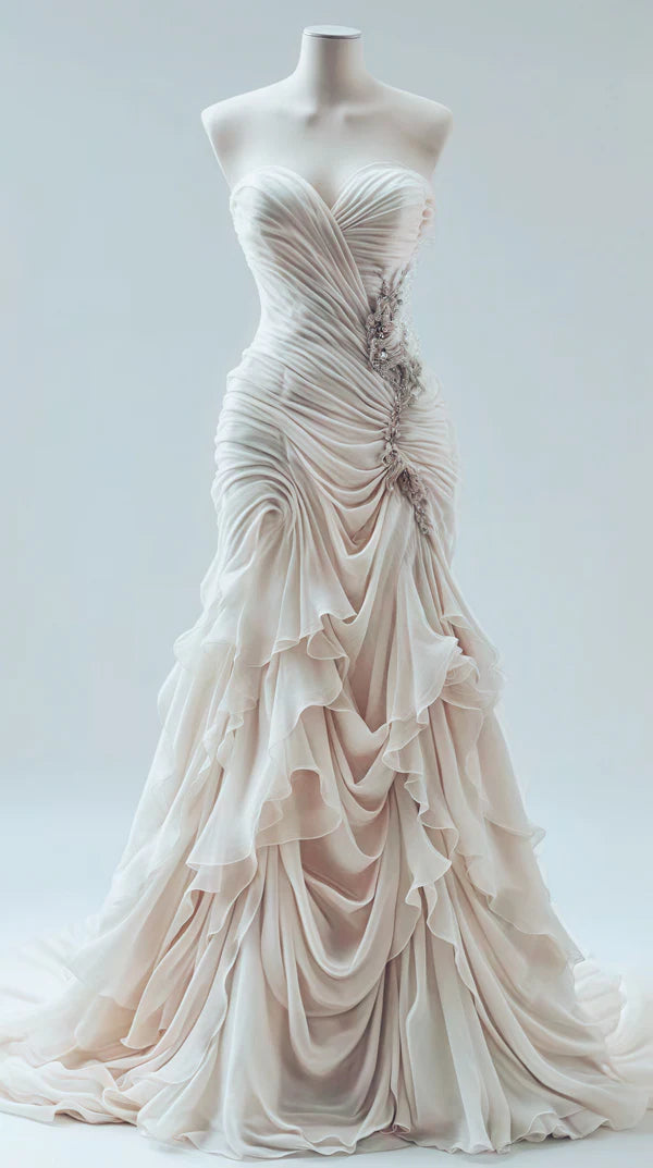 Elegant Mermaid Sweetheart Neck Beaded Ruffle Ivory Chiffon Prom Dress Evening Dress SH2417