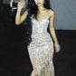 Luxurious Mermaid Spaghetti Straps Silver Sequins Long Prom Dress with Beading SH8106