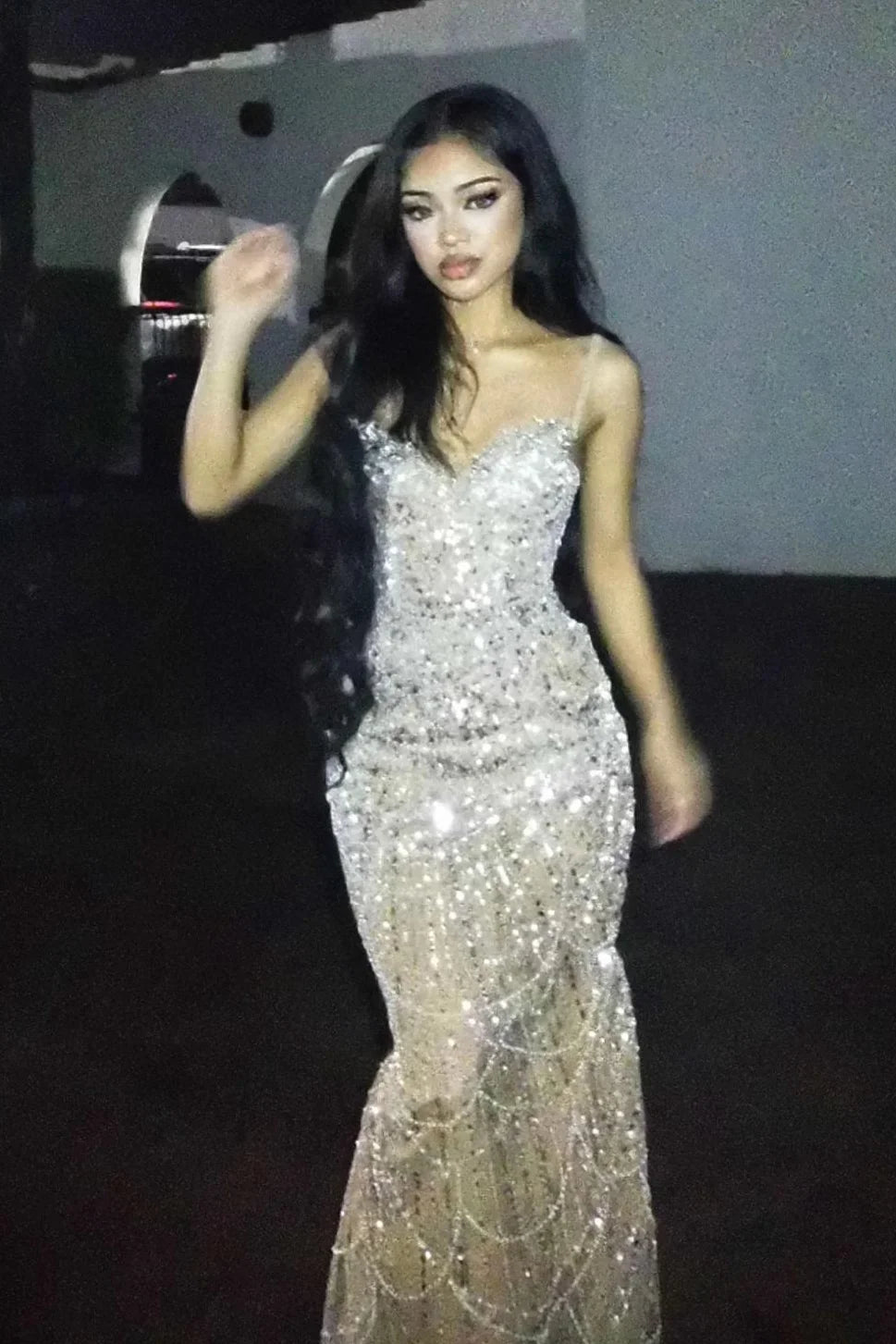 Luxurious Mermaid Spaghetti Straps Silver Sequins Long Prom Dress with Beading SH8106