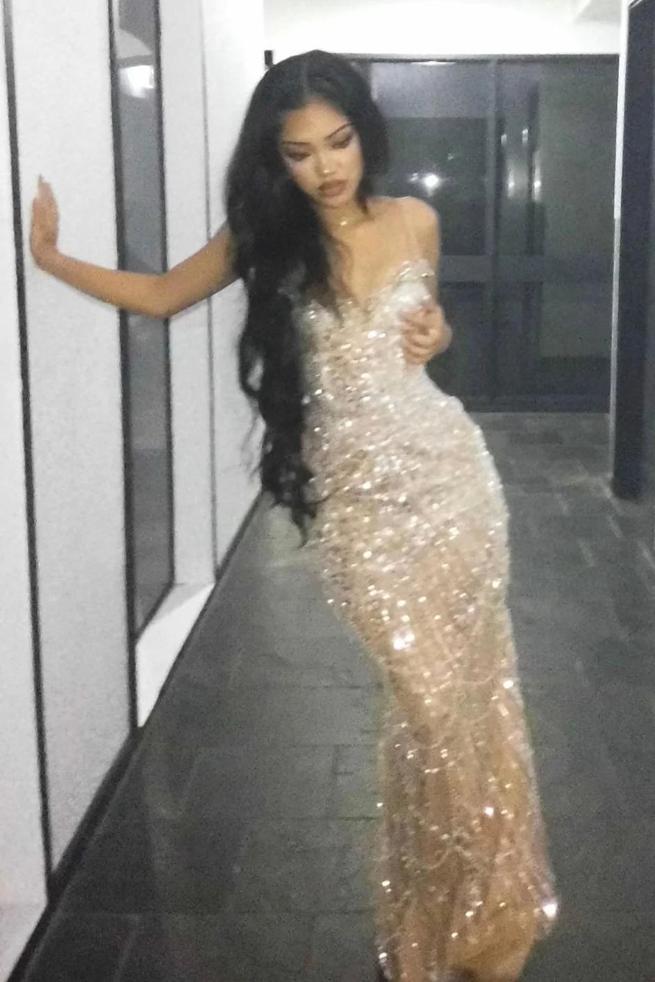 Luxurious Mermaid Spaghetti Straps Silver Sequins Long Prom Dress with Beading SH8106