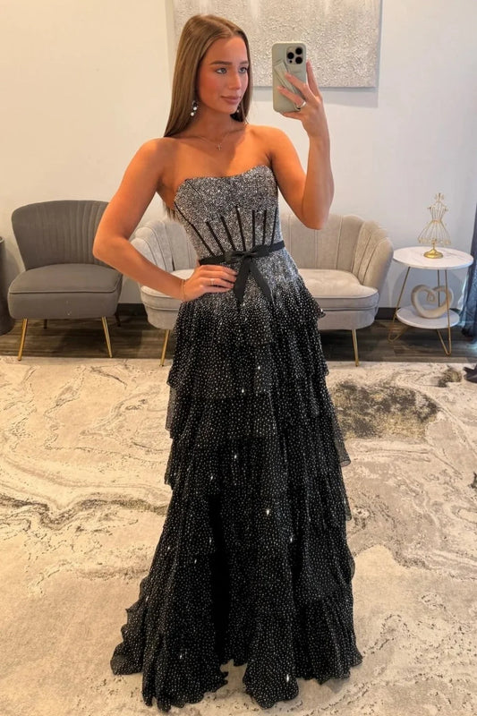 Sparkly A Line Strapless Black Corset Prom Dress with Beading Ruffles SH8142