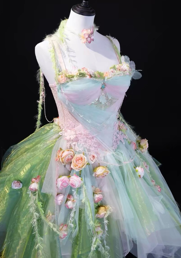 Sweety Green Ball Gown Spaghetti Strap 3D Floral Tulle Short Prom Dress Homecoming Dress SH6441