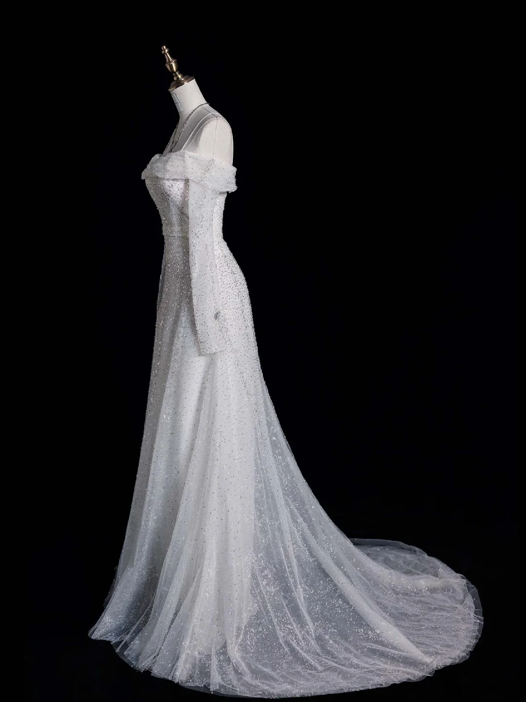 Silver Sequin A Line Long Sleeve White Tulle Wedding Dress Prom Dress SH4113