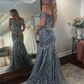 Stunning Mermaid Off the Shoulder Sequin Grey Tulle Long Prom Dress Evening Dress SH2241