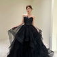Sweety Ball Gown Strapless Ruffle Sequin Black Tulle Prom Dress Evening Dress SH5102