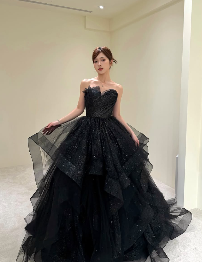 Sweety Ball Gown Strapless Ruffle Sequin Black Tulle Prom Dress Evening Dress SH5102