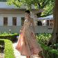 Gentle Pink A Line Spaghetti Strap Print Floral Satin Prom Dress Party Dresses SH4599