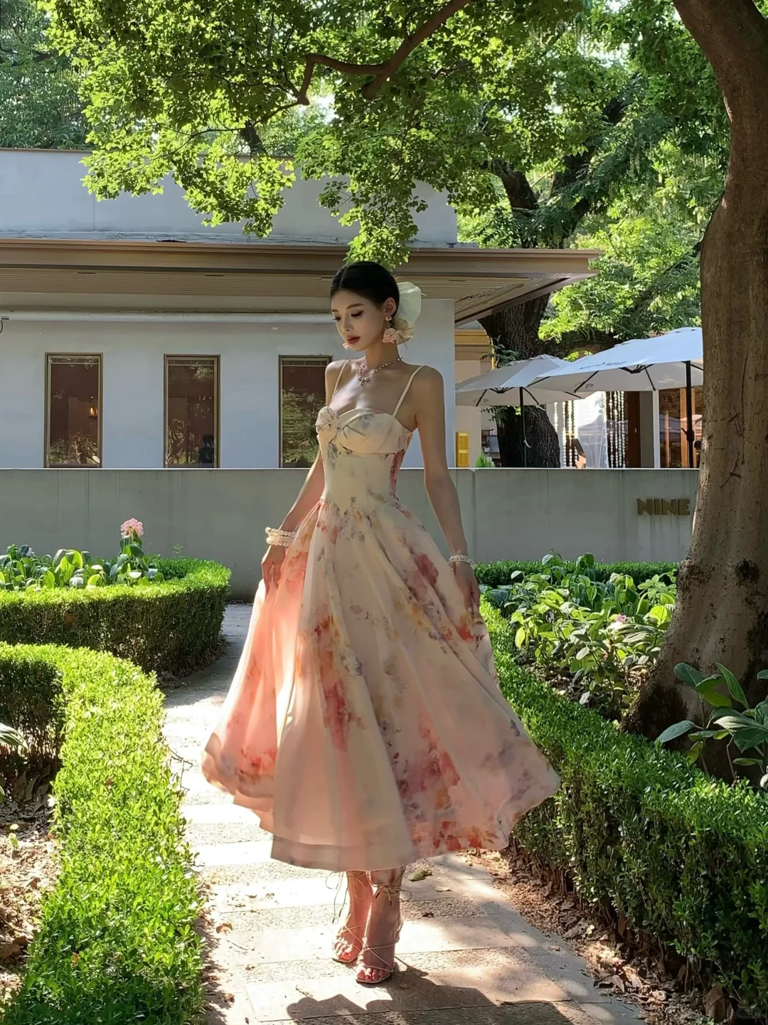 Gentle Pink A Line Spaghetti Strap Print Floral Satin Prom Dress Party Dresses SH4599