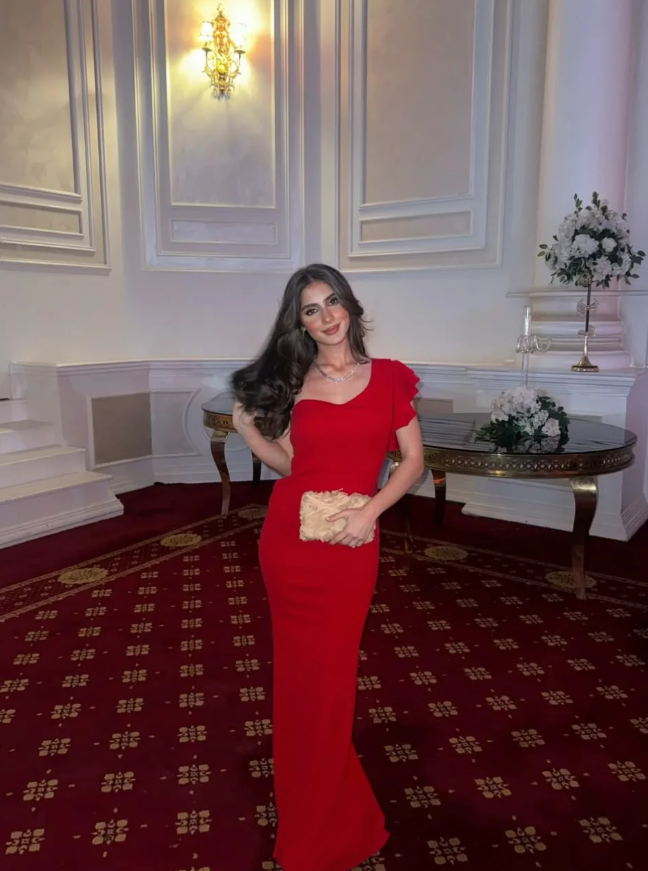 Charming Red Sheath One Shoulder Satin Prom Dress Wedding Guest Dress SH6019