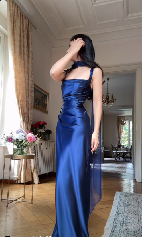 Elegant Sheath Strap Royal Blue Satin Long Prom Dress Wedding Guest Dress SH5353