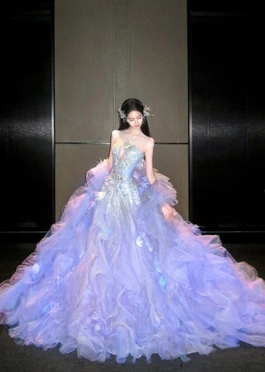 Dreamy Purple Ball Gown V Neck Exquisite Beaded Organza Long Prom Dress SH5032