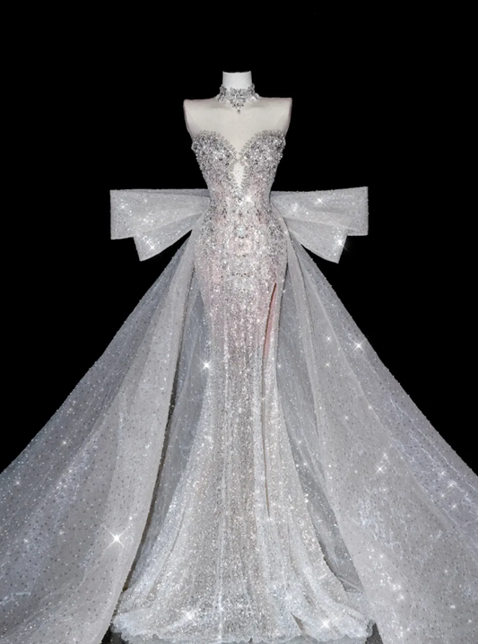 Stunning Mermaid Strapless Rhinestone Sequin Tulle Long Prom Dress Party Dress with Slit SH3250