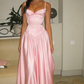 Pink A Line Spaghetti Straps Appliques Satin Long Prom Dress Evening Dress SH1787