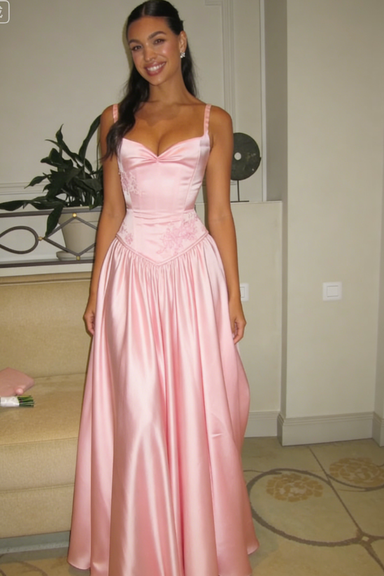 Pink A Line Spaghetti Straps Appliques Satin Long Prom Dress Evening Dress SH1787
