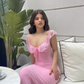 Pink Sheath Straps Ruffle Chiffon Long Prom Dress Party Dress Outfits SH3969