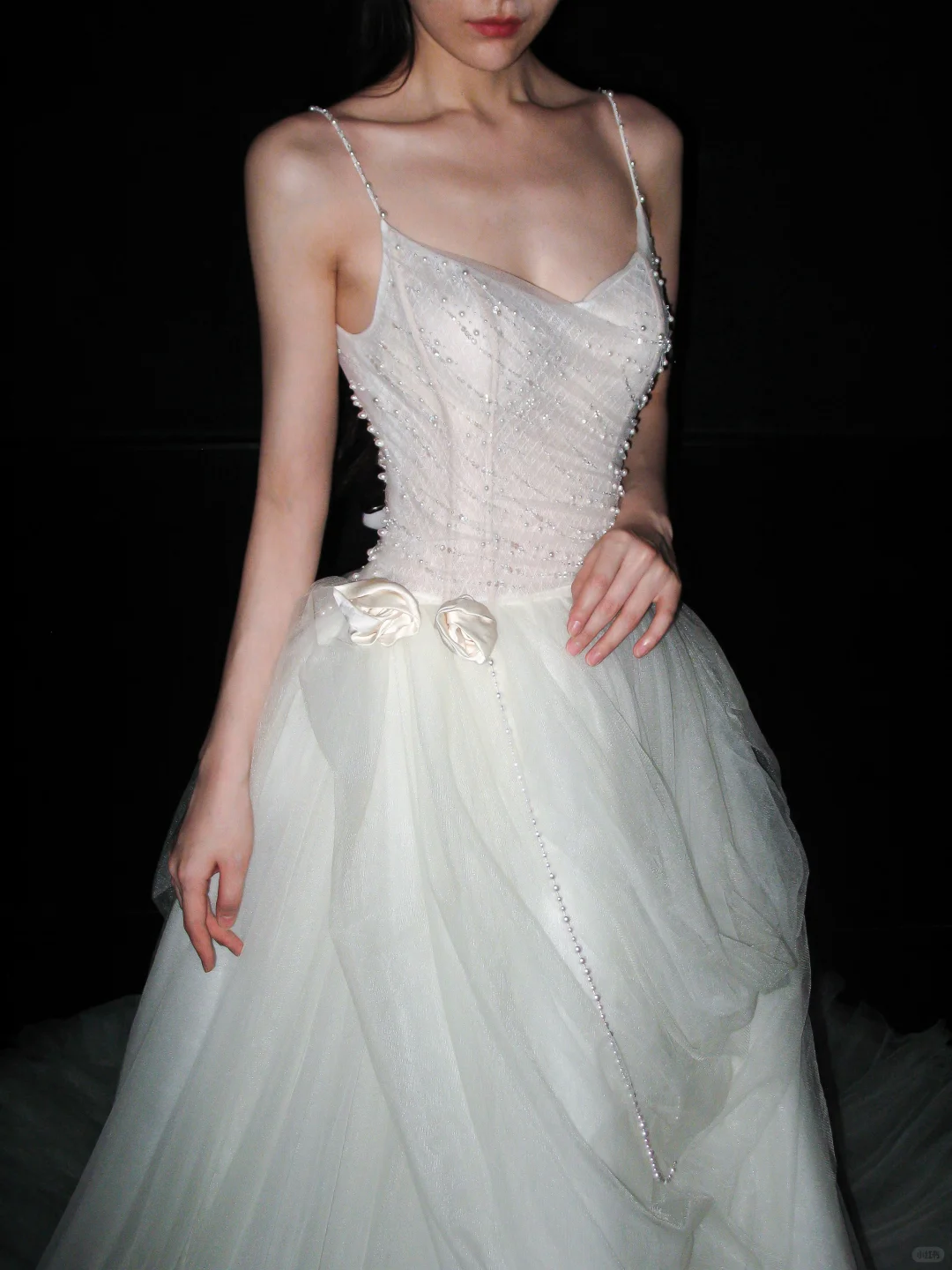 Pretty A Line Spaghetti Straps Pearl White Tulle Long Wedding Dress SH5962