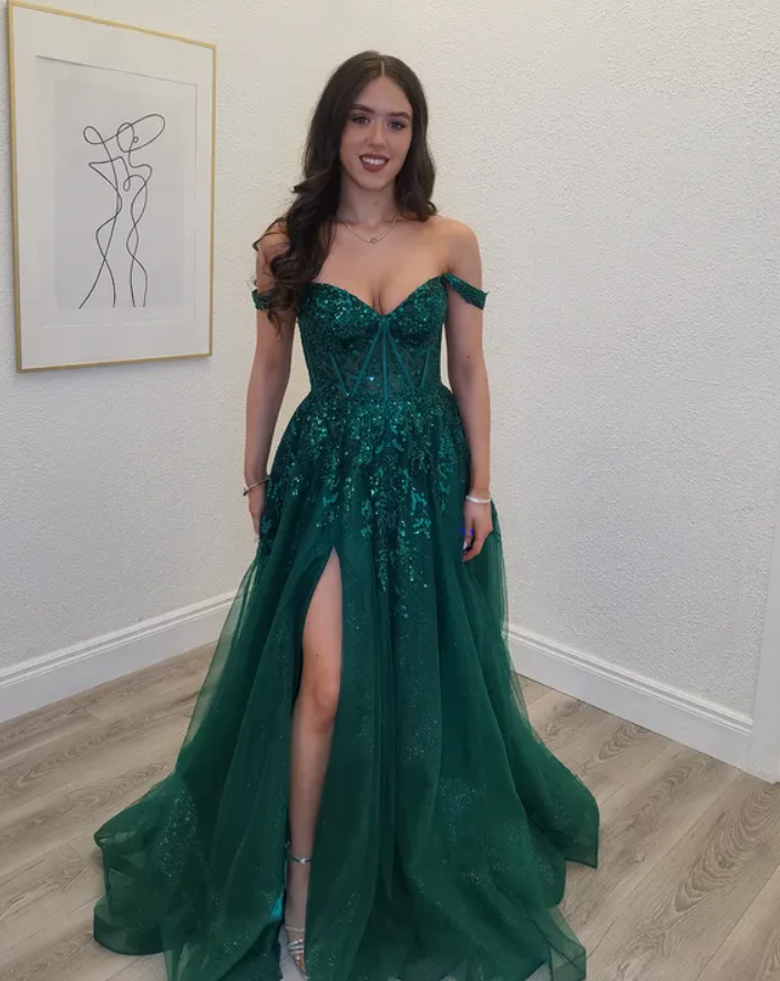 Emerald A Line Off the Shoulder Sequin Corset Tulle Slit Prom Dress Evening Dress SH6644