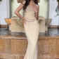 Sexy Two Piece Mermaid Straps Appliques Apricot Chiffon Long Prom Dress SH5339