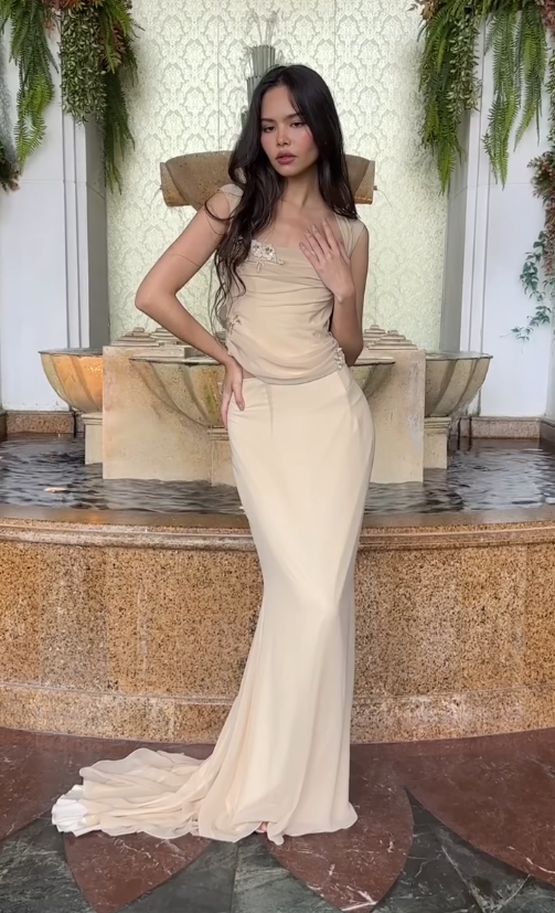 Sexy Two Piece Mermaid Straps Appliques Apricot Chiffon Long Prom Dress SH5339