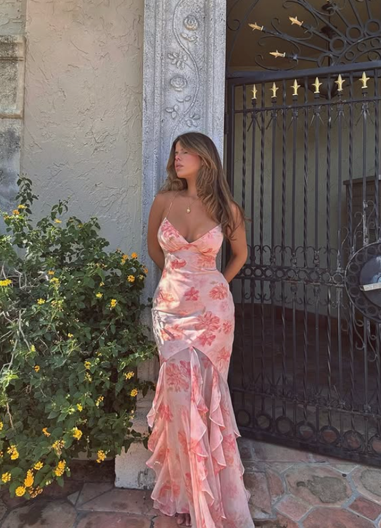 Sexy Pink Mermaid Spaghetti Strap Print Floral Chiffon Prom Dress Party Dress SH4606