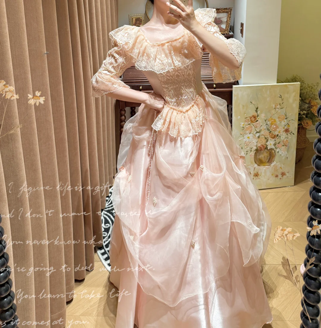 Vintage Light Pink Ball Gown Sleeve Lace Organza Satin Prom Dresses 18th Birthday Dresses SH4642