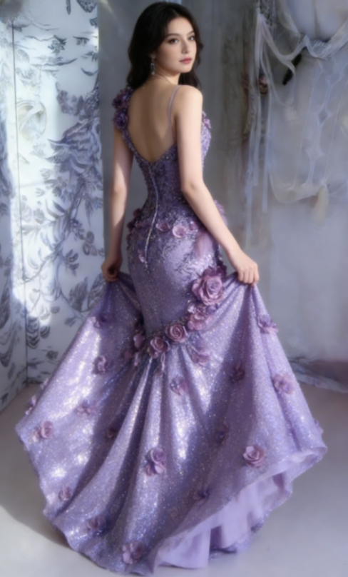 Gentle Purple Mermaid Halter Appliques Ruffle Sequin Long Prom Dress SH5427