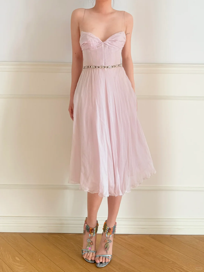 Gentle Pink A Line Spaghetti Straps Beaded Chiffon Tea Length Prom Dress Outfits SH5445