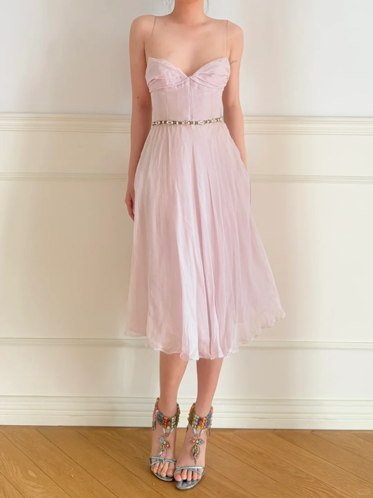 Gentle Pink A Line Spaghetti Straps Beaded Chiffon Tea Length Prom Dress Outfits SH5445