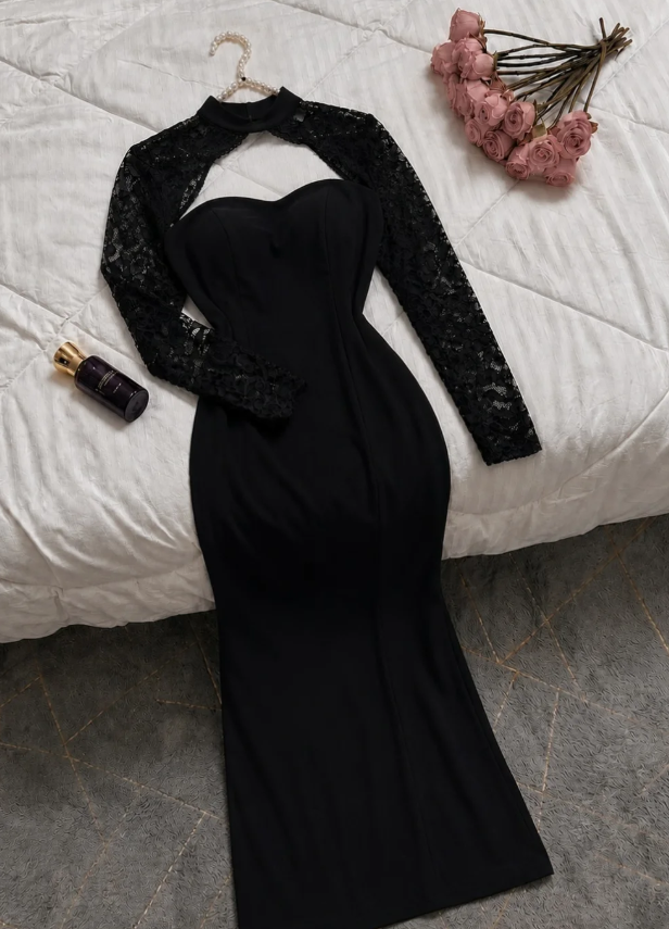 Two Piece Mermaid Long Sleeve Black Lace Satin Long Prom Dress Evening Dress SH7308