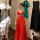 Vintage A Line Spaghetti Strap Red Beaded Sequin Chiffon Long Open Back Prom Dress Evening Dress SH2972