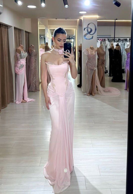 Light Pink Sheath Strapless Lace Chiffon Prom Dress SH4793