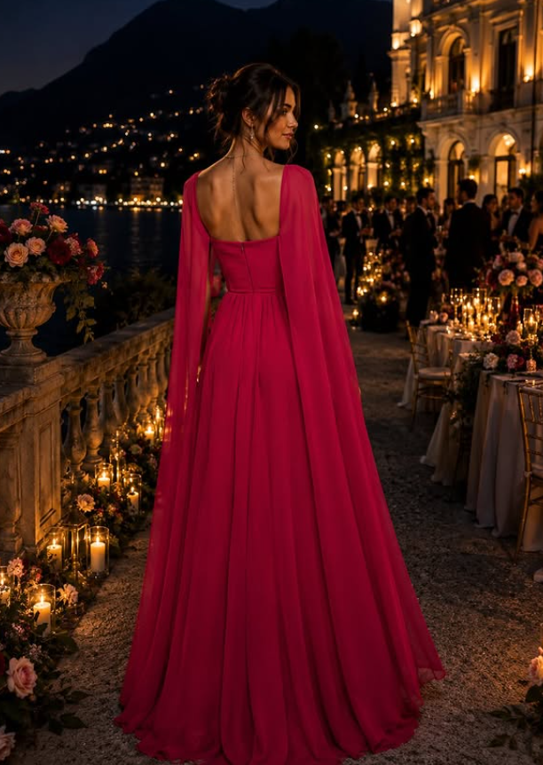 Flowy Red A Line Long Sleeve Chiffon Prom Dress Evening Dress SH6352