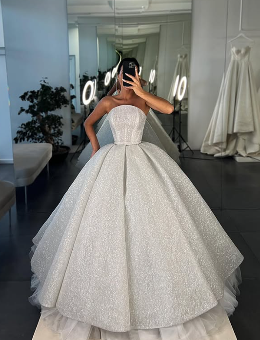 Shiny Ball Gown Strapless Silver Sequin Tulle Long Wedding Dress SH5862