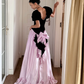 Retro Princess A Line Puff Sleeve Pink Satin Black Velvet Long Prom Dress Evening Dress SH6047