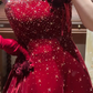 Luxurious Burgundy A Line Strapless Shiny Beaded Velvet Prom Dress SH5651