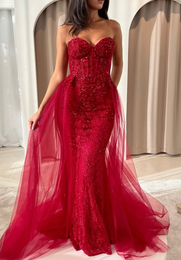 Sexy Red Mermaid Sweetheart Neck Sequin Tulle Long Prom Dress Party Evening Dress SH5707