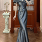 Vintage Unique Mermaid V Neck Grey Satin Long Prom Dress SH5172
