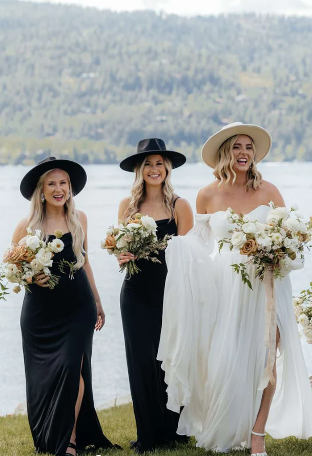 Black Elastic Satin Spaghetti Strap Side Slit Long Bridesmaid Dresses SH5588