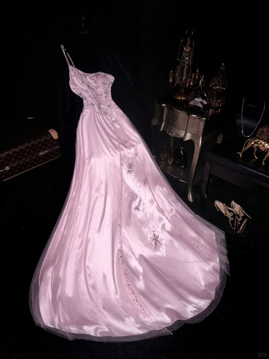 Gentle A Line One Shoulder Beaded Sequin Pink Tulle Satin Prom Dress Party Dress SH3073