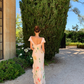 Light Pink Mermaid V Neck Print Floral Ruffle Chiffon Summer Dress Party Dress Outfits with Slit SH4174